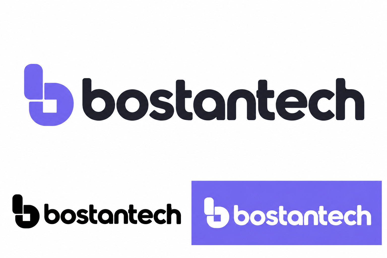Модульный фиолетовый знак b и округлый логотип bostantech, цветная, чёрная и белая версии