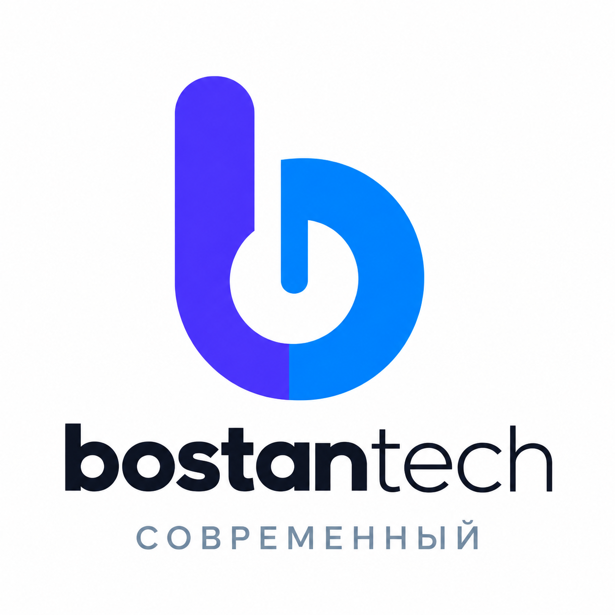 Сине-фиолетовая буква b с кнопкой питания внутри, жирное bostan и тонкое tech