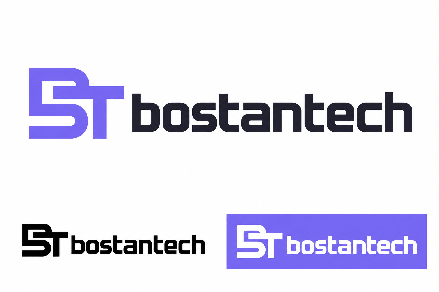 Геометрическая переплетённая монограмма и прямоугольное написание bostantech, три цветовые версии