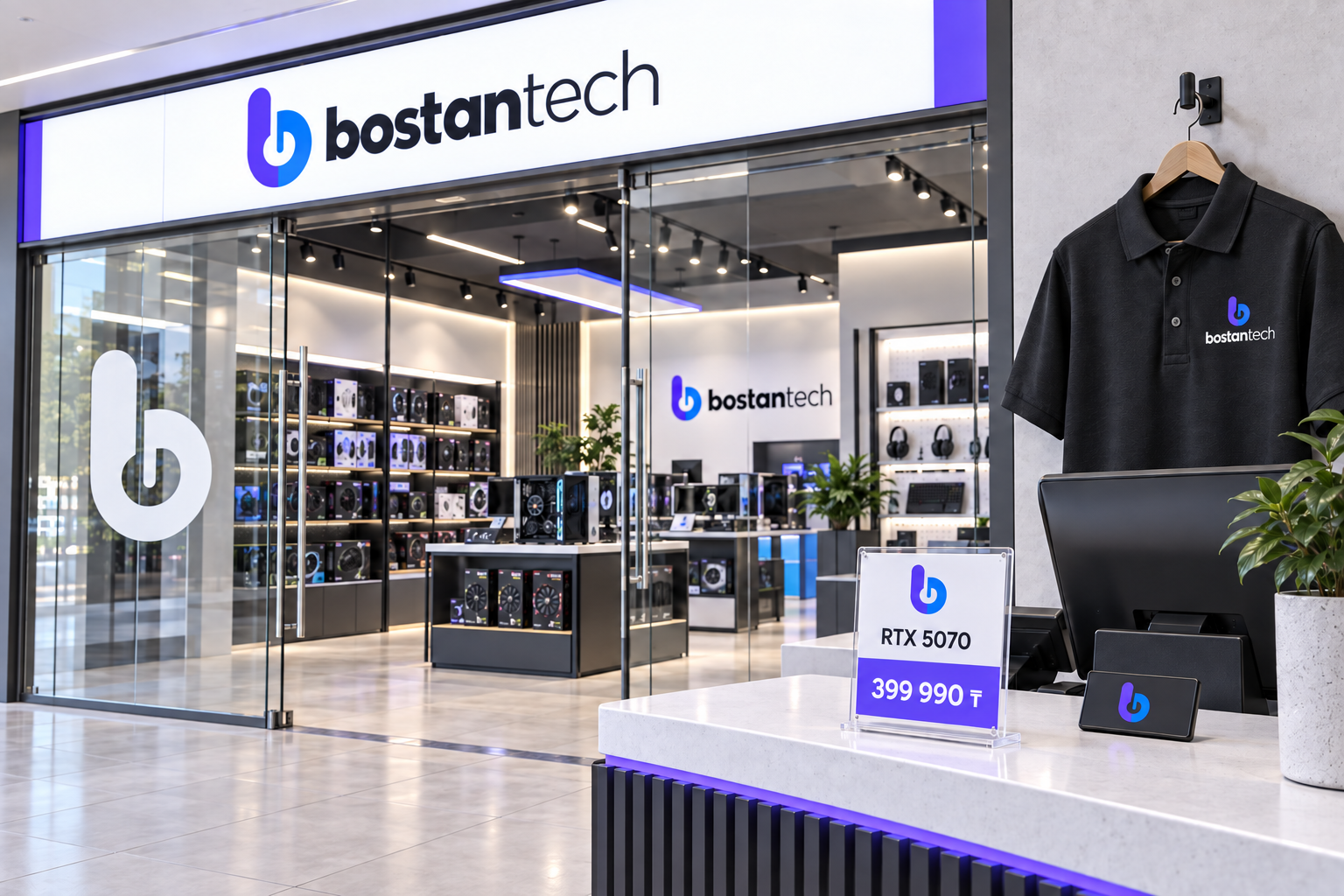 BostanTech: Вывеска · витрина · ценник · поло · бейдж, выбранный сине-фиолетовый знак b